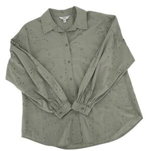M&S Sage Green Eyelet Embroidered Button-Up Cotton Shirt Blouse Size 14